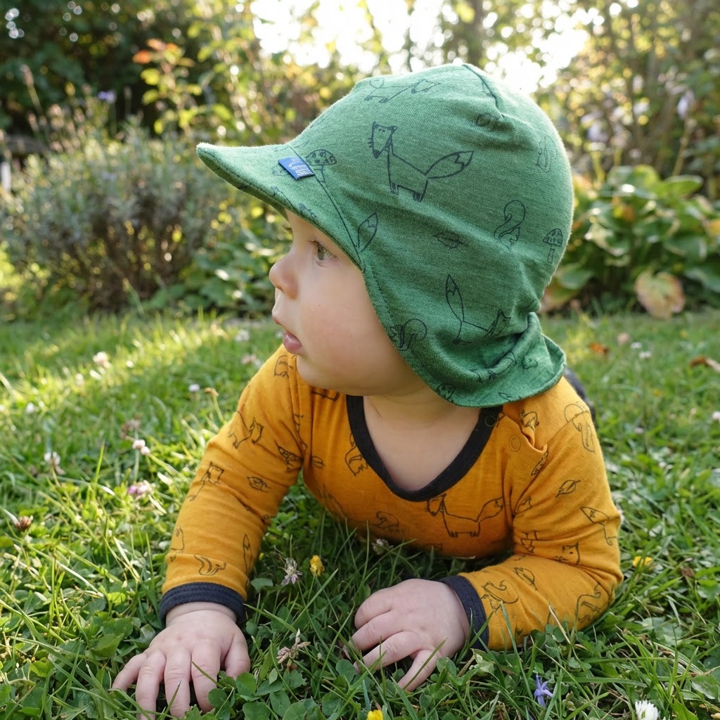 sonnenhut unter fahrradhelm Glückskind Sonnenhut Baby + Kinder aus Bio Merino/ Seide +UV Schutz –  heywool
