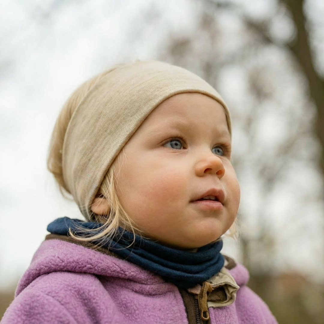 Kinder-Stirnband sand, Merinowolle & Seide (bio/GOTS)