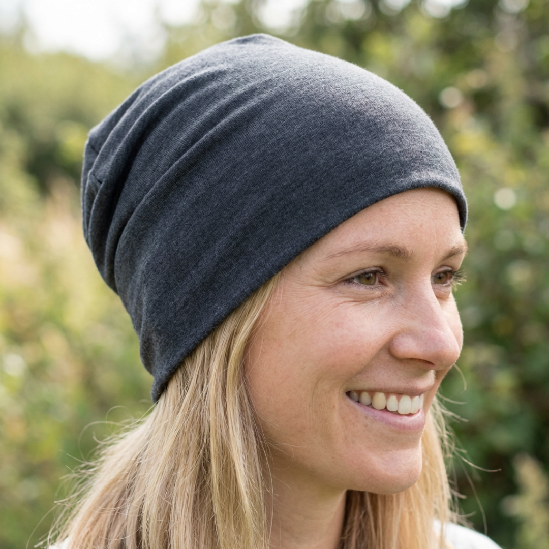 Haube Damen/Herren anthrazit, Merinowolle & Tencel (bio/GOTS)