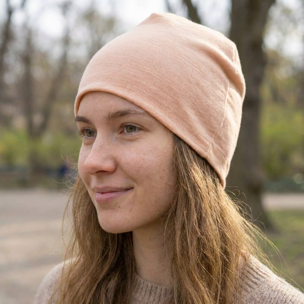 Haube Damen/Herren sand, Merinowolle & Seide (bio/GOTS)