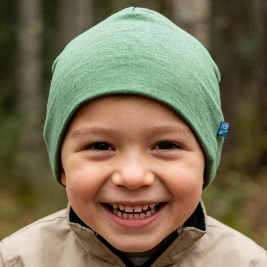 Haube waldgrün uni, Merinowolle & Seide (bio/GOTS)