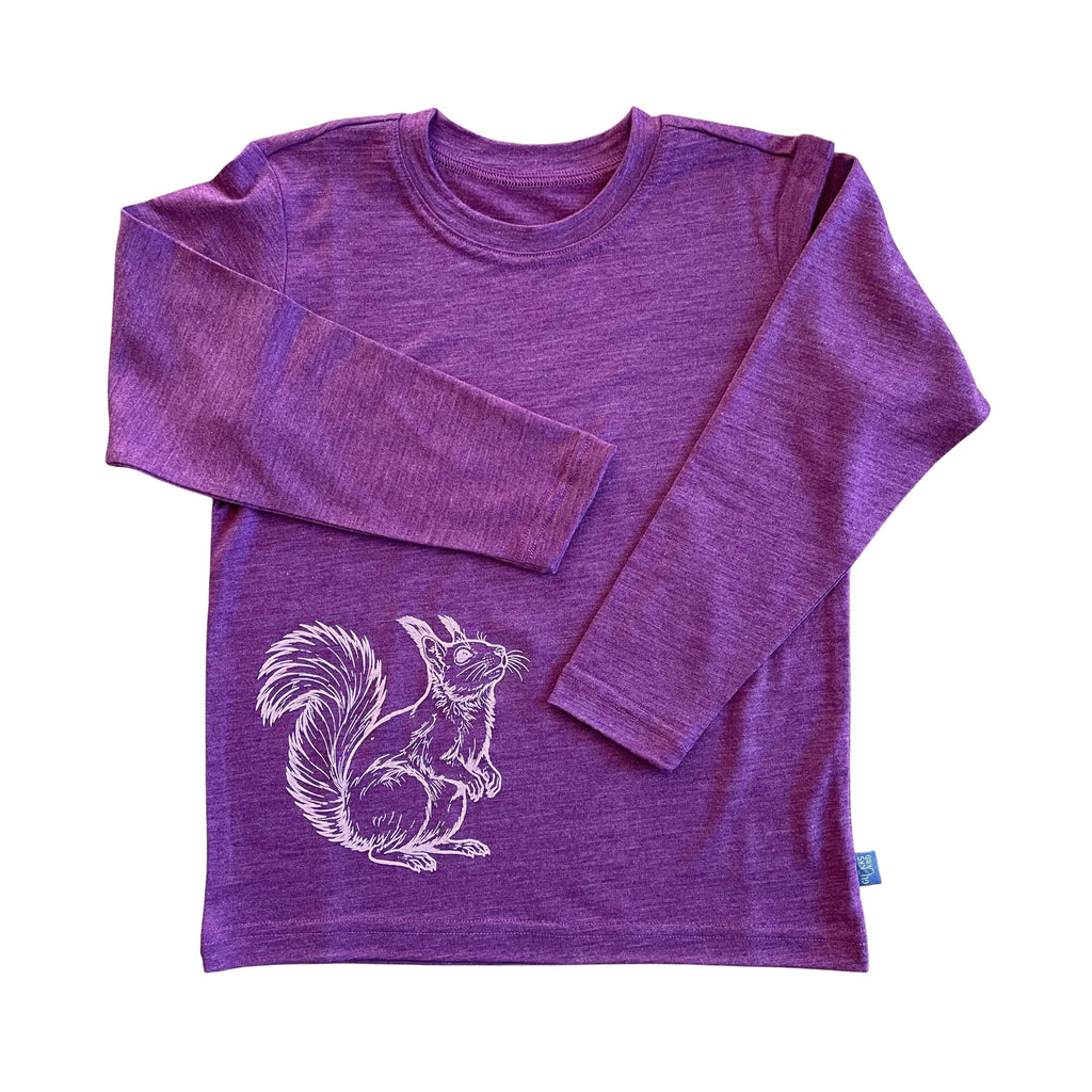 Shirt zwetschke mit Eichhörnchen, Merinowolle & Seide (bio/GOTS)