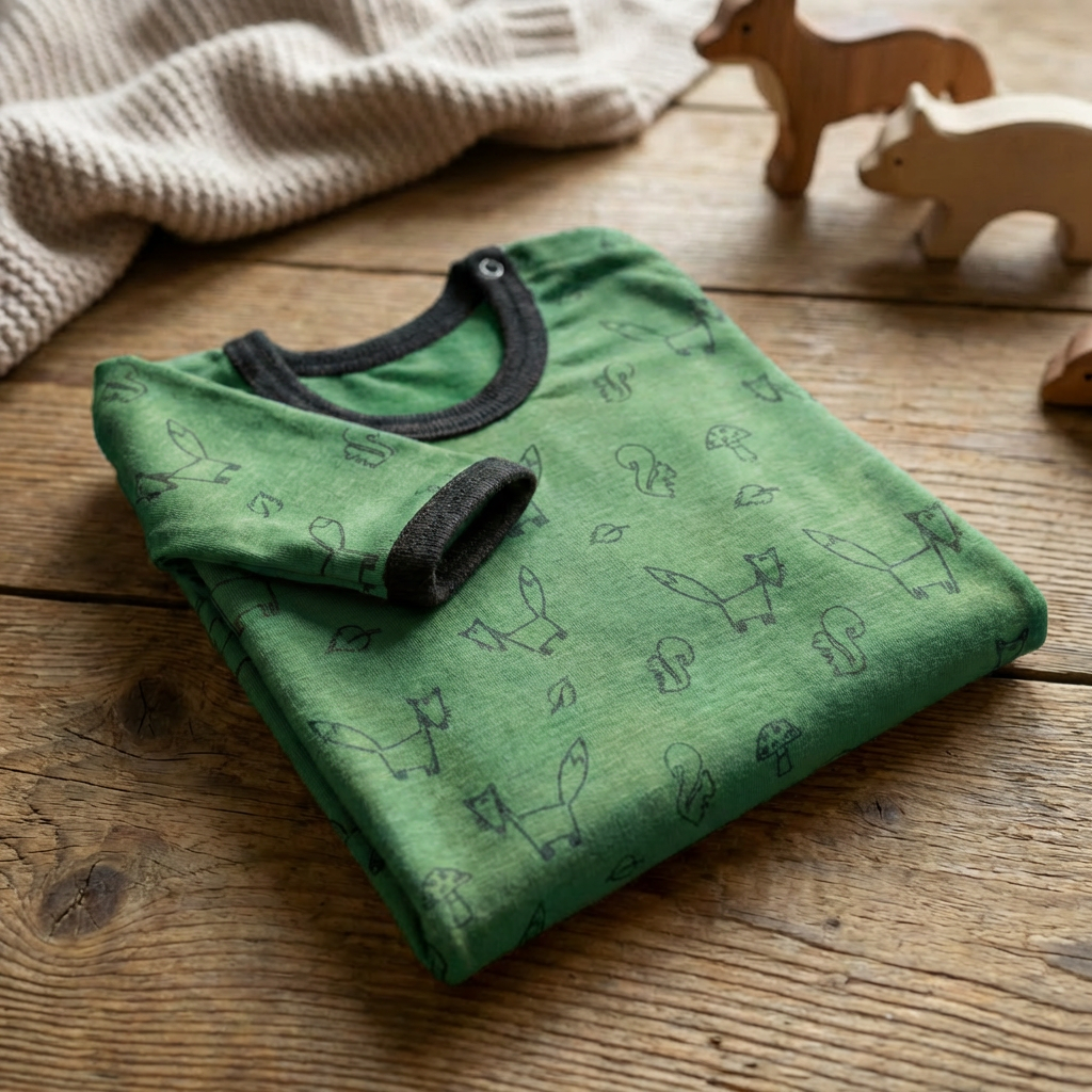 Shirt waldgrün Fuchs, Merinowolle & Seide (bio/GOTS)