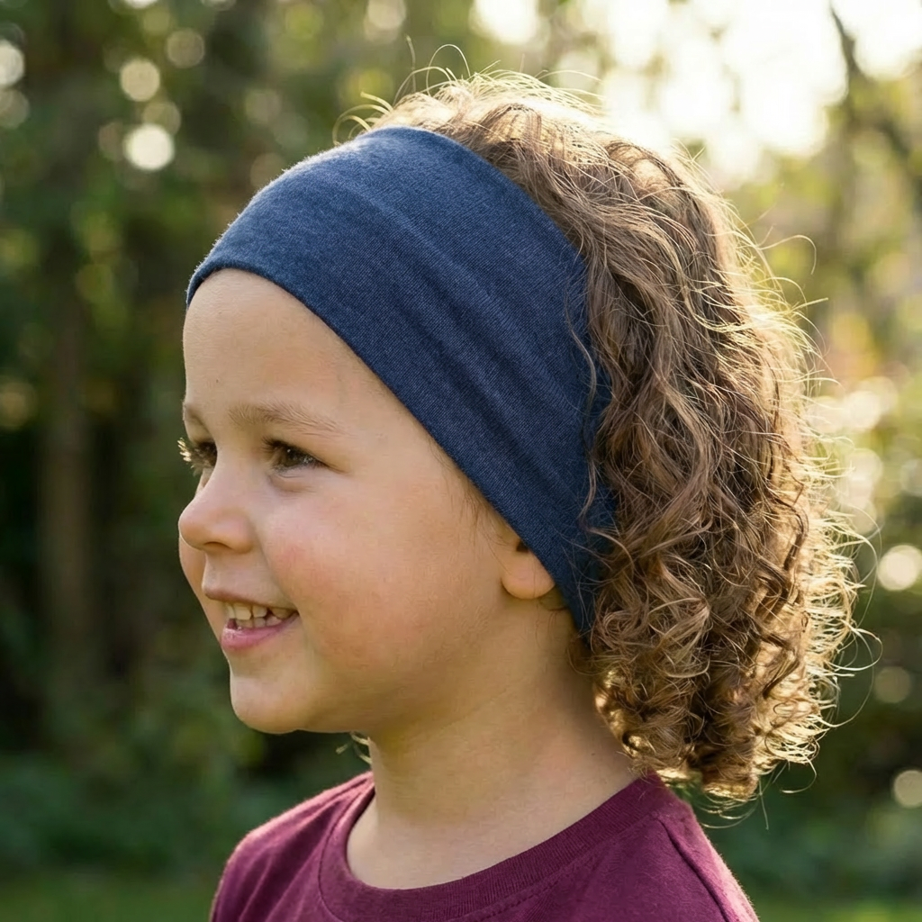 Kinder-Stirnband royal blau, Merinowolle & Seide (bio/GOTS)