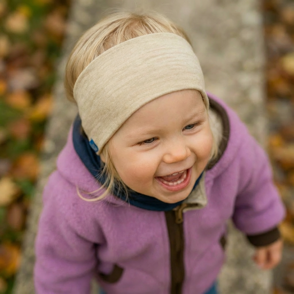Kinder-Stirnband sand, Merinowolle & Seide (bio/GOTS)