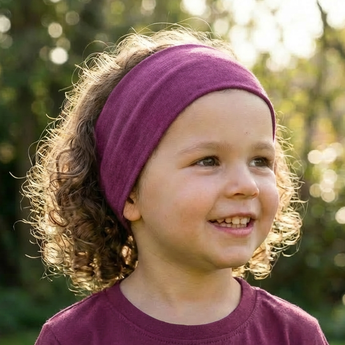 Kinder-Stirnband zwetschke, Merinowolle & Seide (bio/GOTS)