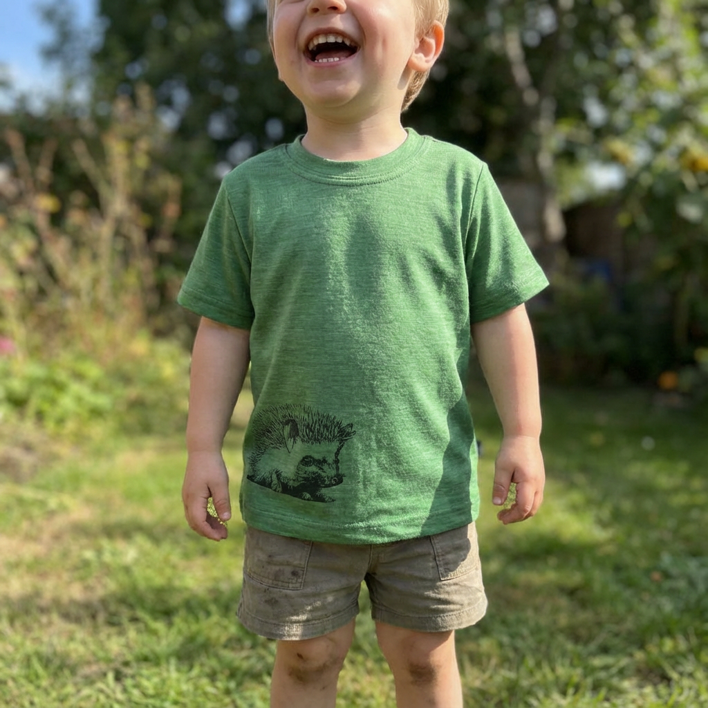 T-Shirt waldgrün mit Igel, Merinowolle & Seide (bio/GOTS)