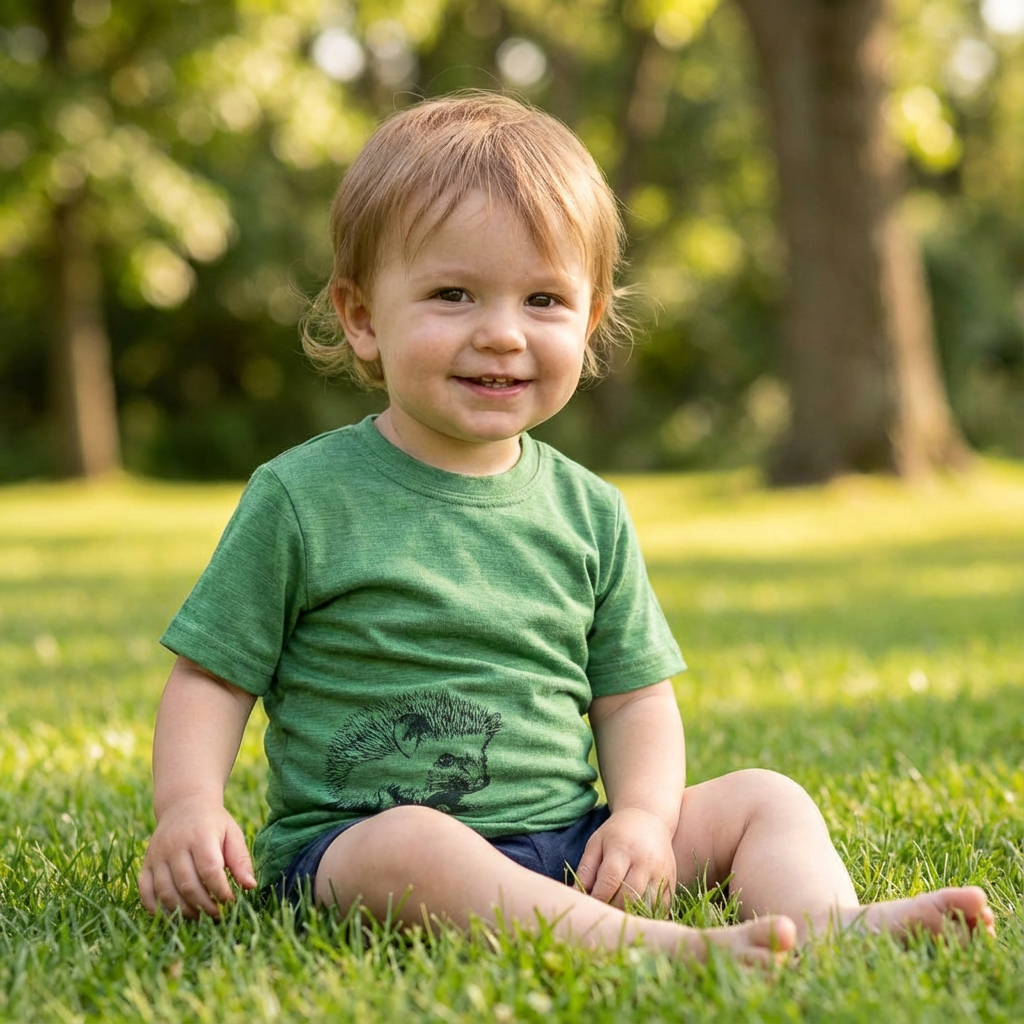 T-Shirt waldgrün mit Igel, Merinowolle & Seide (bio/GOTS)