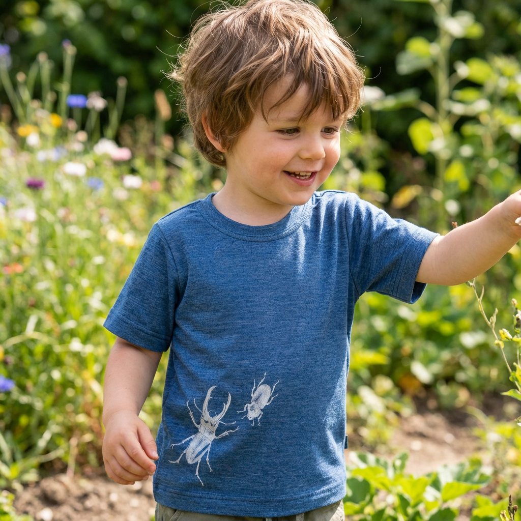 T-Shirt royal blau mit Hirschkäfer, Merinowolle & Seide (bio/GOTS)