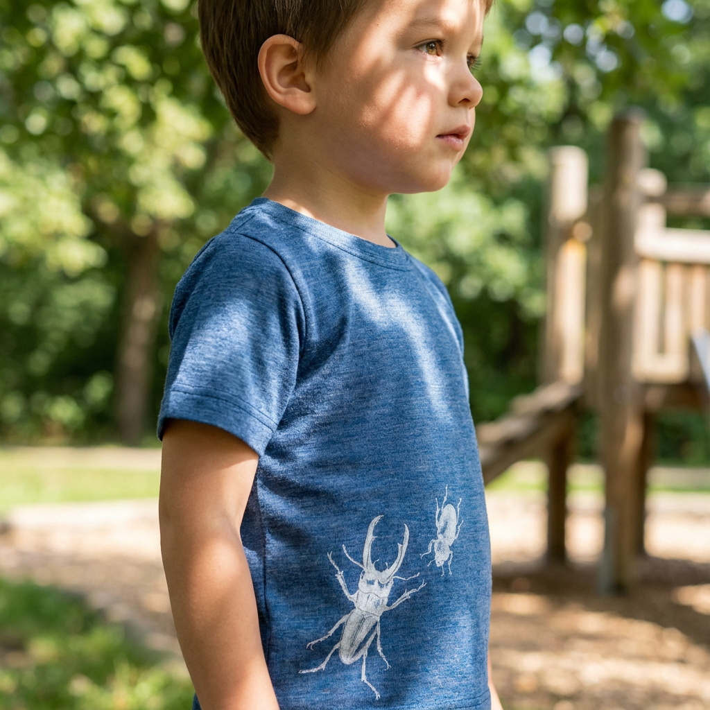 T-shirt royal blue with stag beetle, merino wool &amp; silk (organic/GOTS)