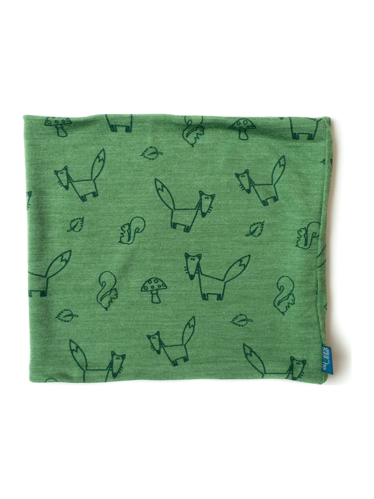 Glückskind Kinder-Loop waldgrün Fuchs aus Merinowolle und Seide (bio/GOTS) - by heywool, Freisteller #ay