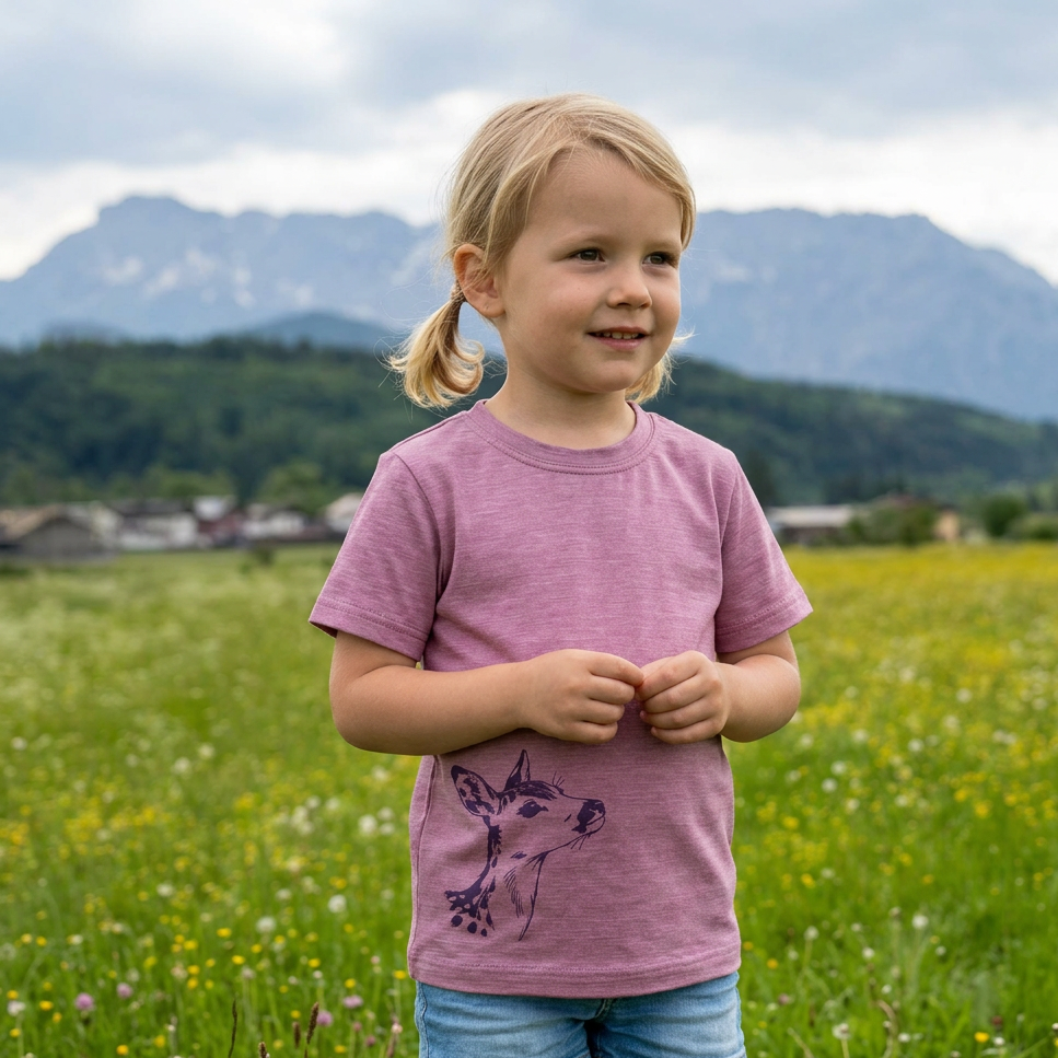 T-Shirt rose mit Reh, Merinowolle & Seide (bio/GOTS)