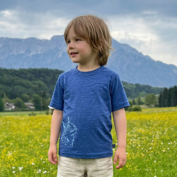 T-Shirt royal blau mit Luchs, Merinowolle & Seide (bio/GOTS)