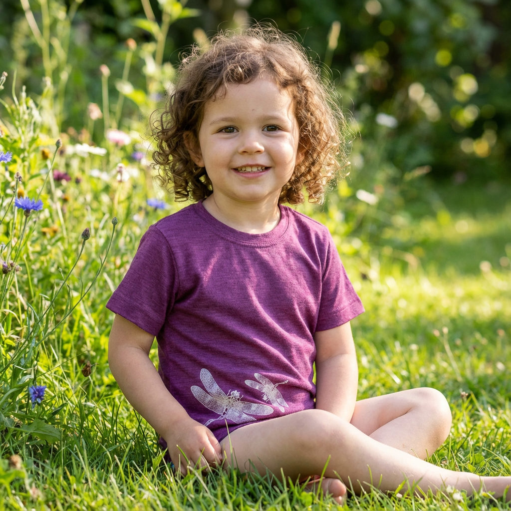 T-Shirt zwetschke mit Libelle, Merinowolle & Seide (bio/GOTS)