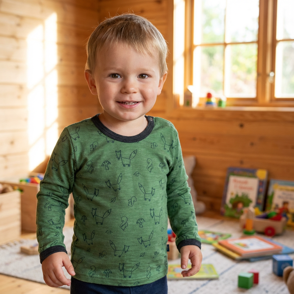 Shirt waldgrün Fuchs, Merinowolle & Seide (bio/GOTS)