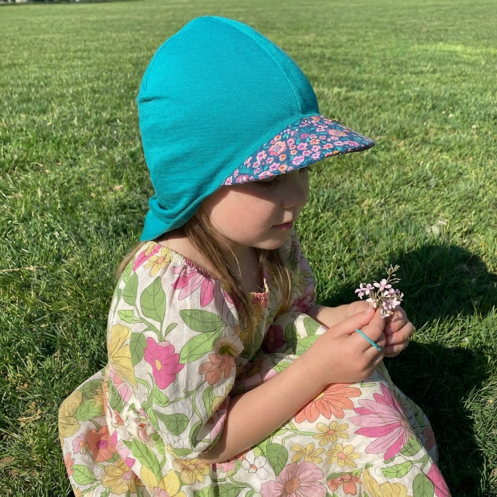 Sommerkappe smaragd mit Blumen limited edition, Merinowolle & Seide (bio/GOTS)