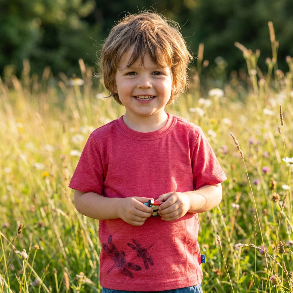T-Shirt himbeere mit Libelle, Merinowolle & Seide (bio/GOTS)