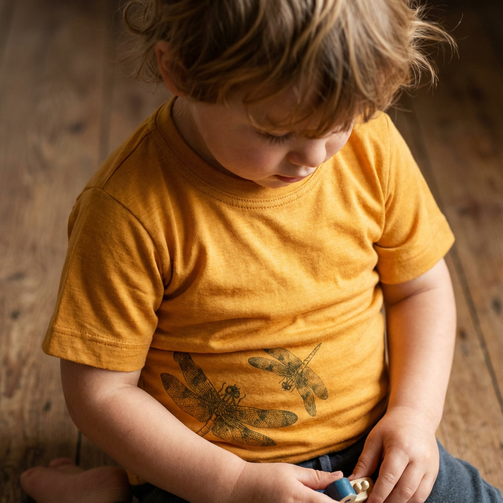 T-Shirt sonnengelb mit Libelle, Merinowolle & Seide (bio/GOTS)