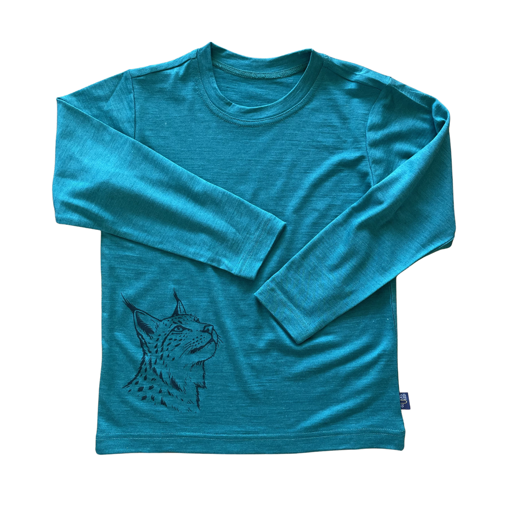 Shirt smaragd mit Luchs, Merinowolle & Seide (bio/GOTS)