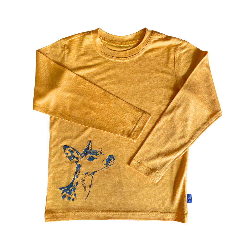 Shirt sonnengelb mit Reh, Merinowolle & Seide (bio/GOTS)