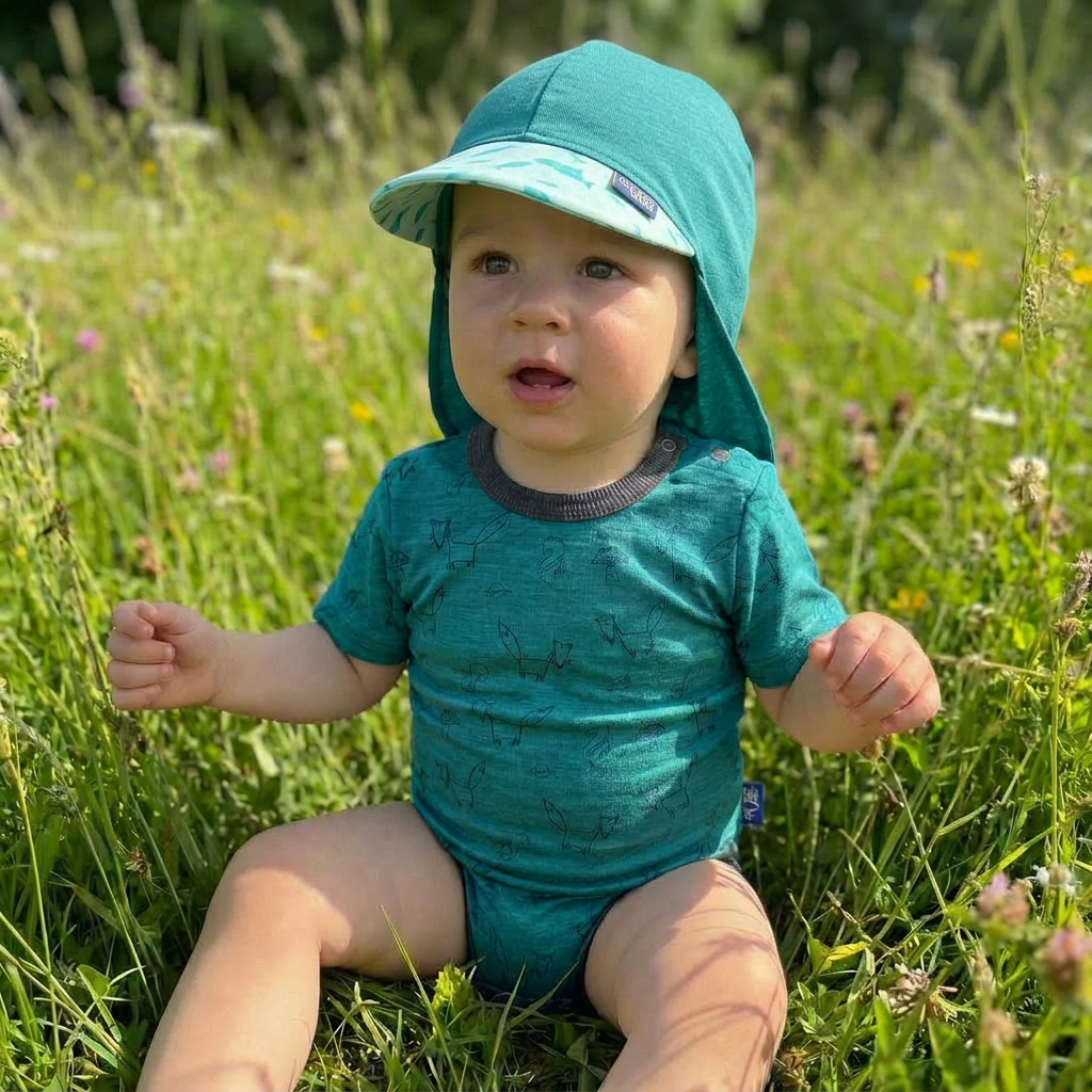 Sommerkappe smaragd Fisch limited edition NEU, Merinowolle & Seide (bio/GOTS)