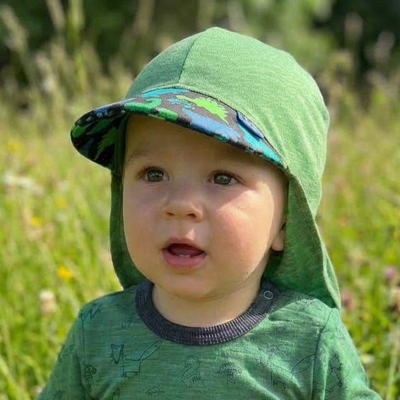 Glückskind Sonnenhut grün Dino limited edition, Merinowolle & Seide (bio/GOTS)