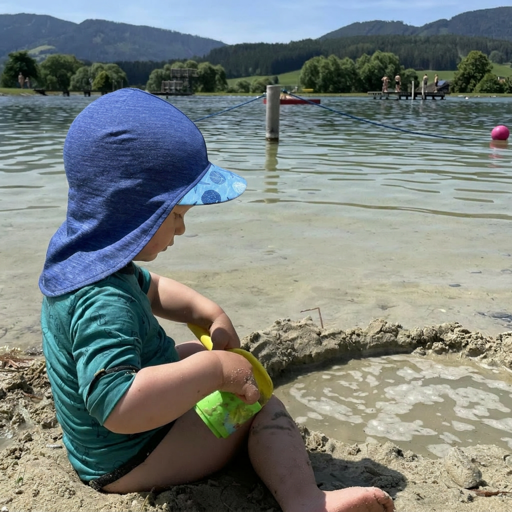 Glückskind Sommerkappe royal blau Seestern limited edition, Merinowolle & Seide (bio/GOTS)