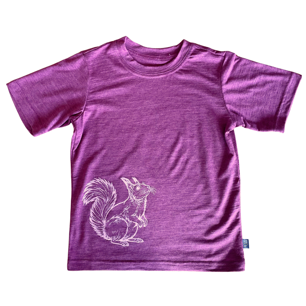 T-Shirt zwetschke mit Eichhörnchen, Merinowolle & Seide (bio/GOTS)