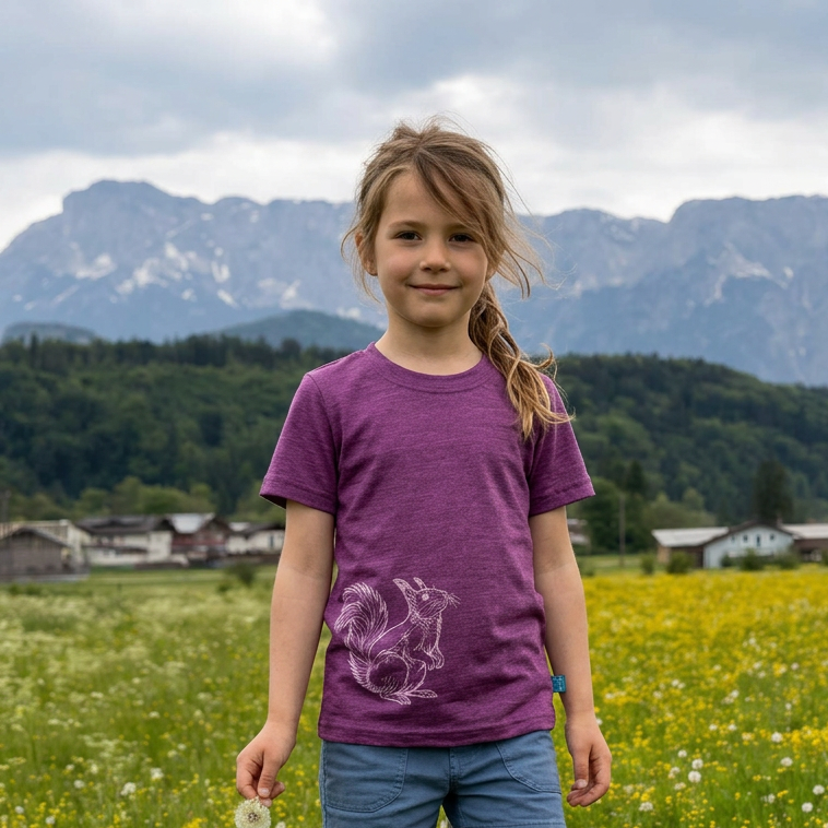 T-Shirt zwetschke mit Eichhörnchen, Merinowolle & Seide (bio/GOTS)