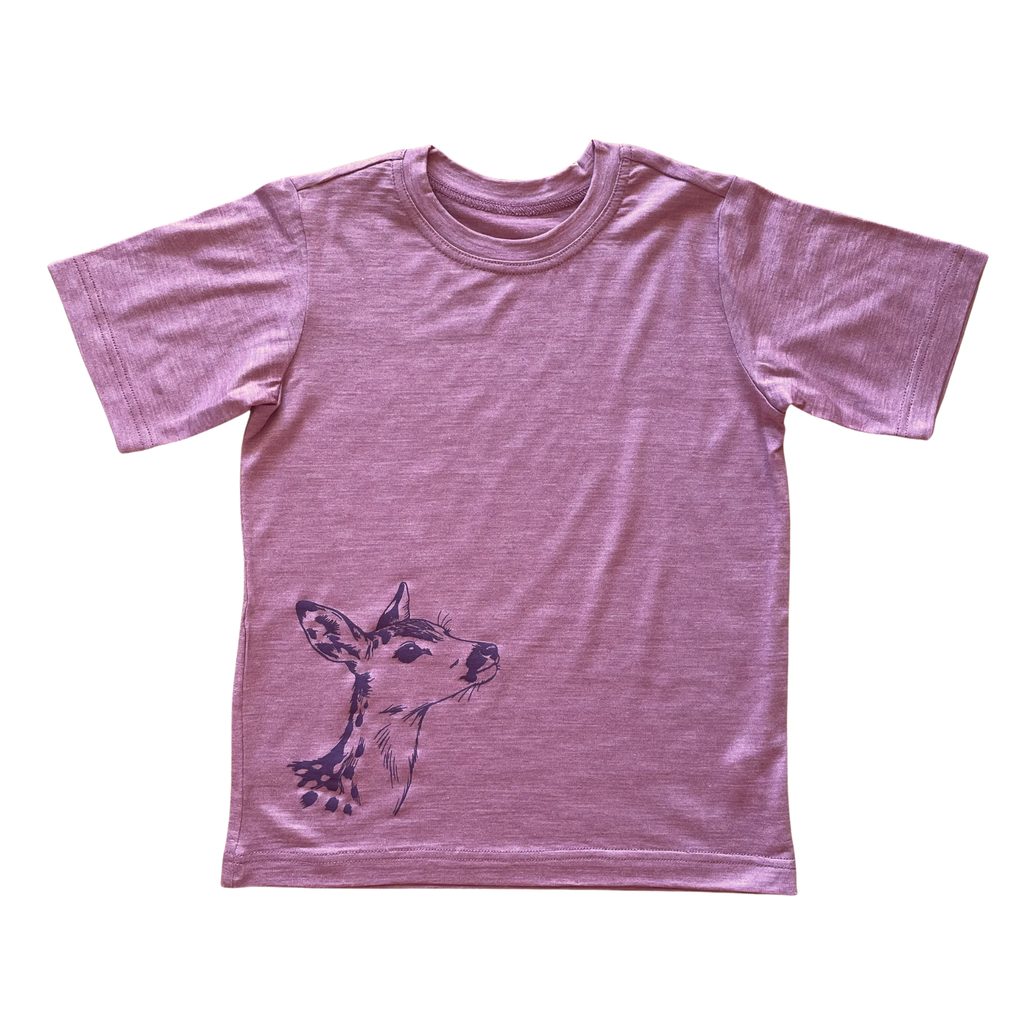 T-Shirt rose mit Reh, Merinowolle & Seide (bio/GOTS)