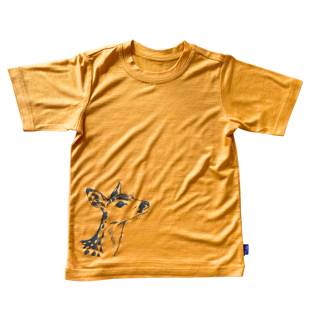 T-Shirt sonnengelb mit Reh, Merinowolle & Seide (bio/GOTS)