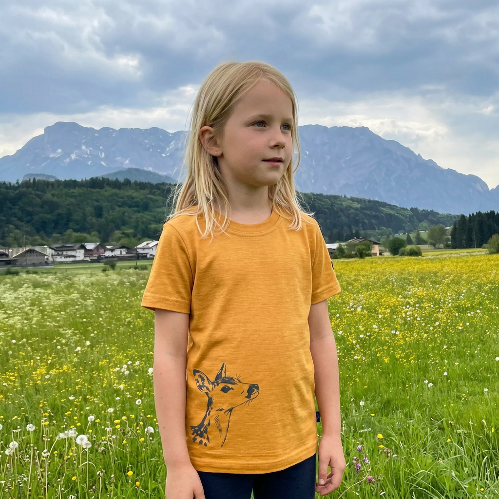 T-Shirt sonnengelb mit Reh, Merinowolle & Seide (bio/GOTS)