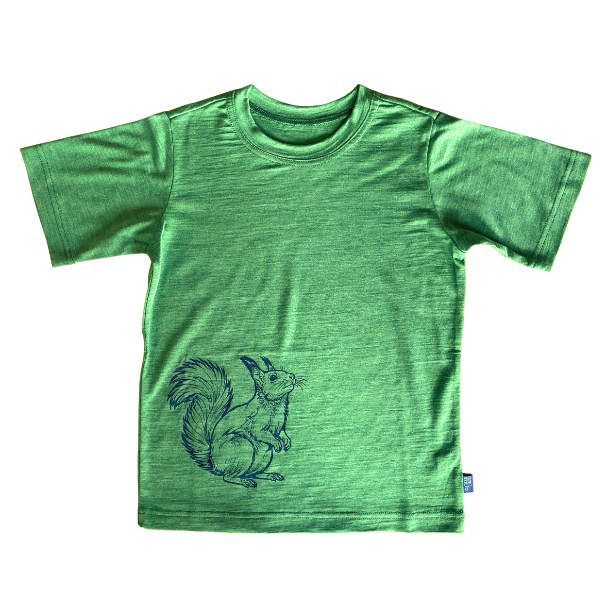T-Shirt waldgrün mit Eichhörnchen, Merinowolle & Seide (bio/GOTS)