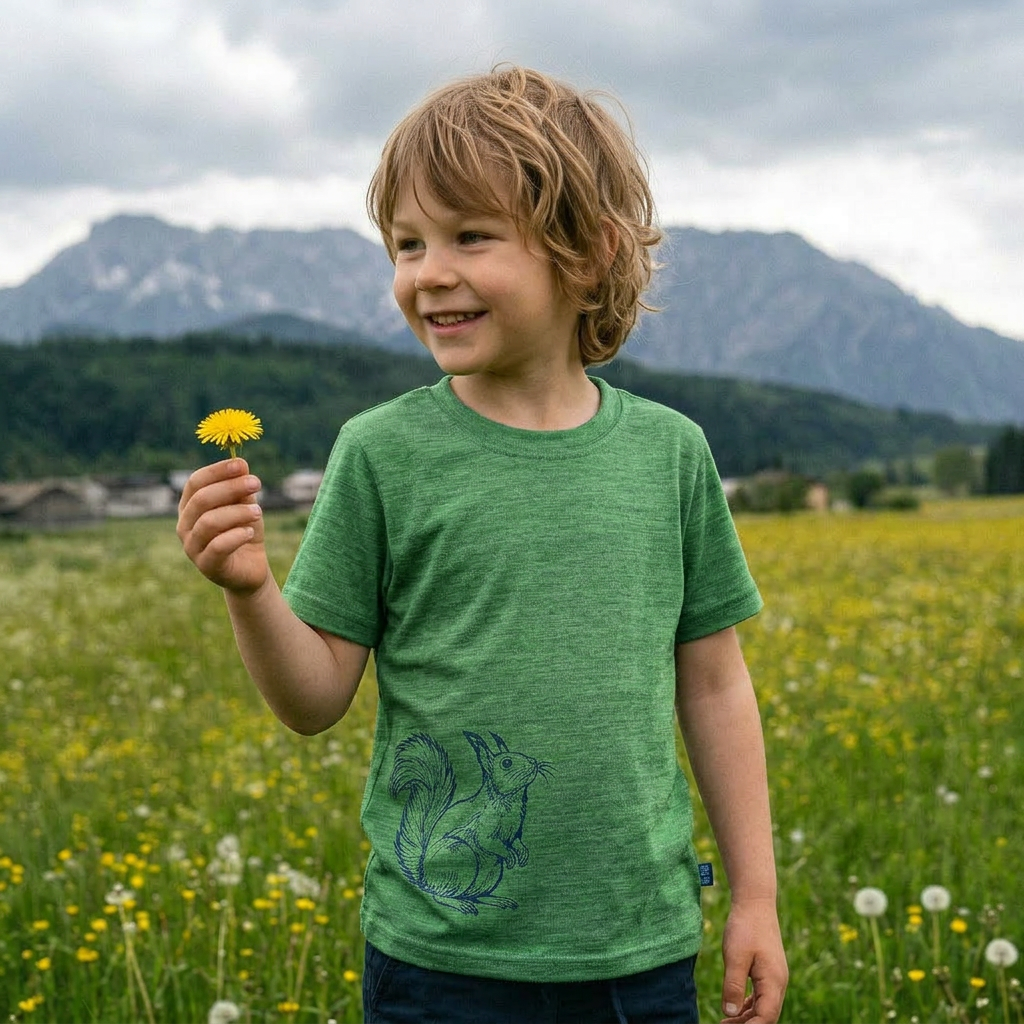 T-Shirt waldgrün mit Eichhörnchen, Merinowolle & Seide (bio/GOTS)