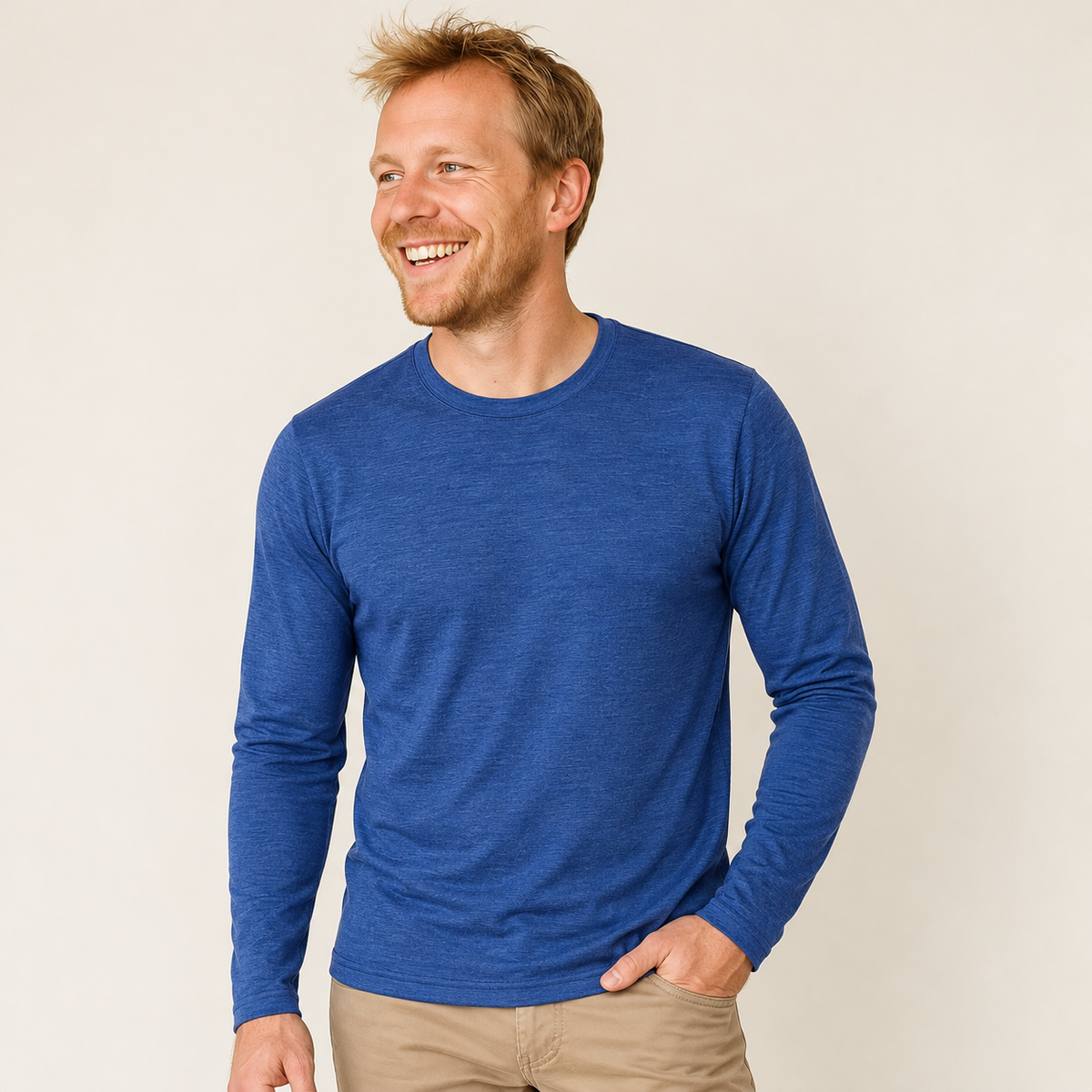 Herren Langarm-Shirt royal blau, Merinowolle & Seide