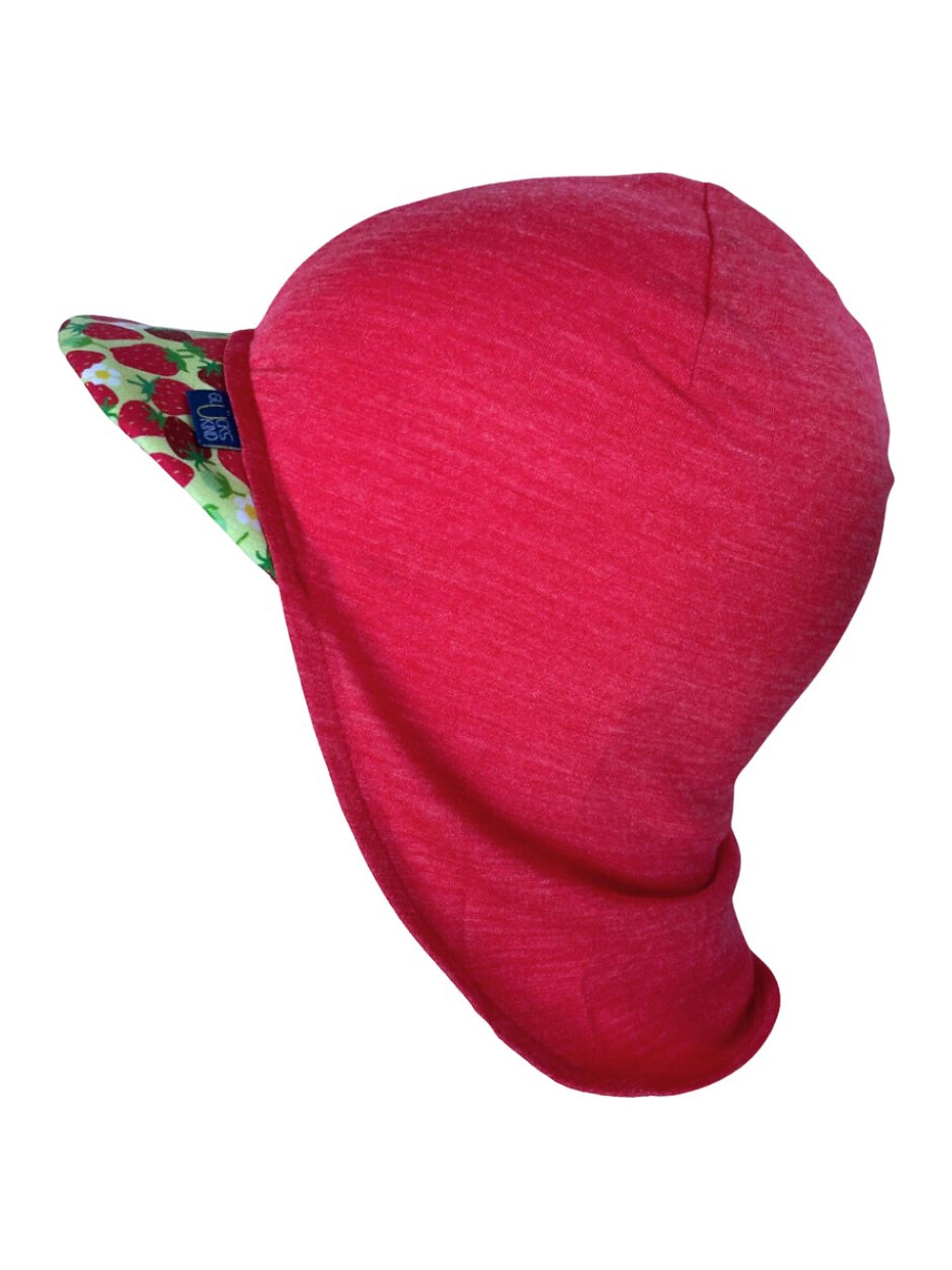 Original Glückskind Sommerkappe himbeere mit Erdbeeren limited edition aus Merinowolle und Seide (bio/GOTS) - by heywool, Freisteller Seitenansicht #ay