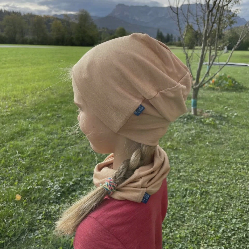 Haube sand, Merinowolle & Seide (bio/GOTS)