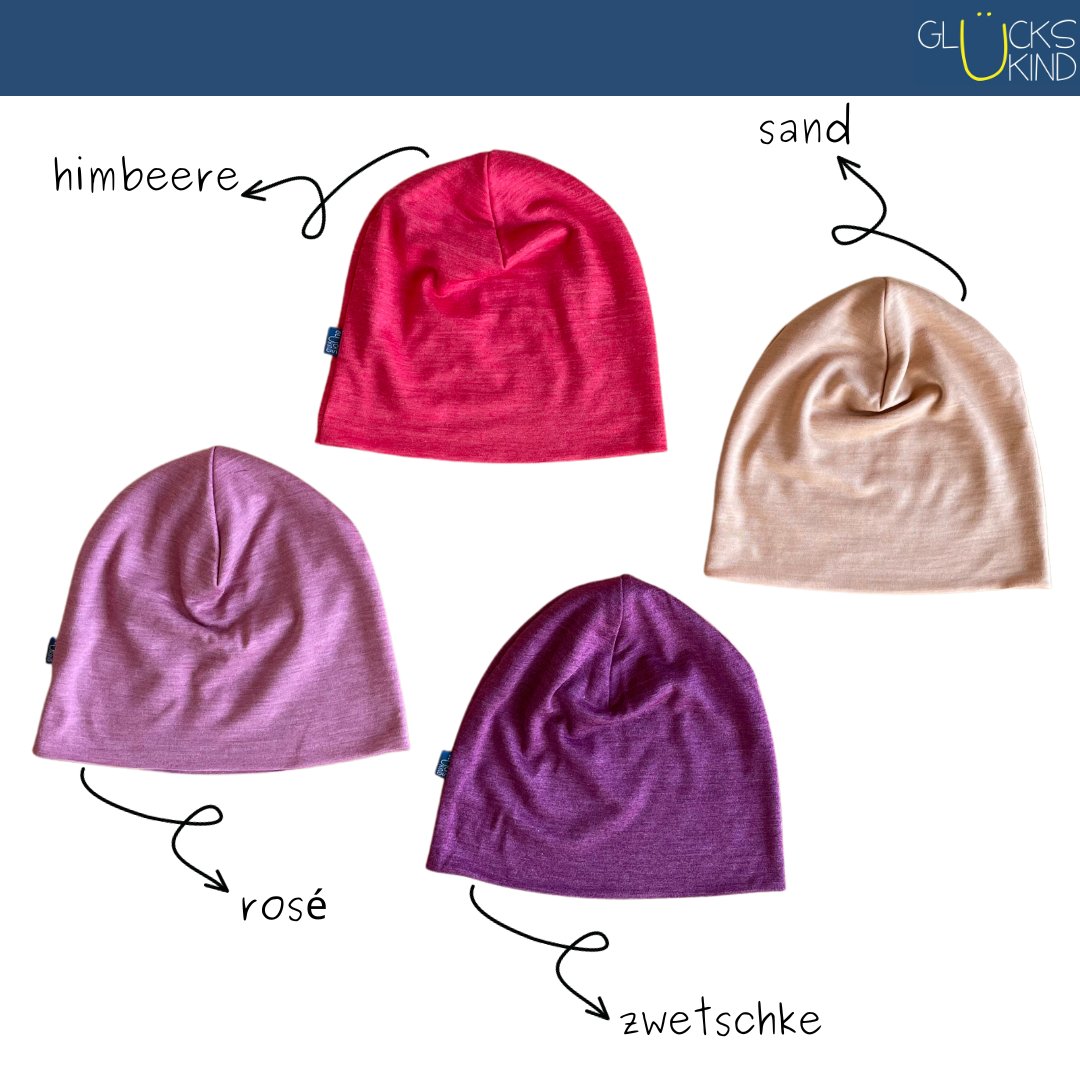 Haube himbeere uni, Merinowolle & Seide (bio/GOTS) - Glückskind - Haube - S (bis KU 42cm)