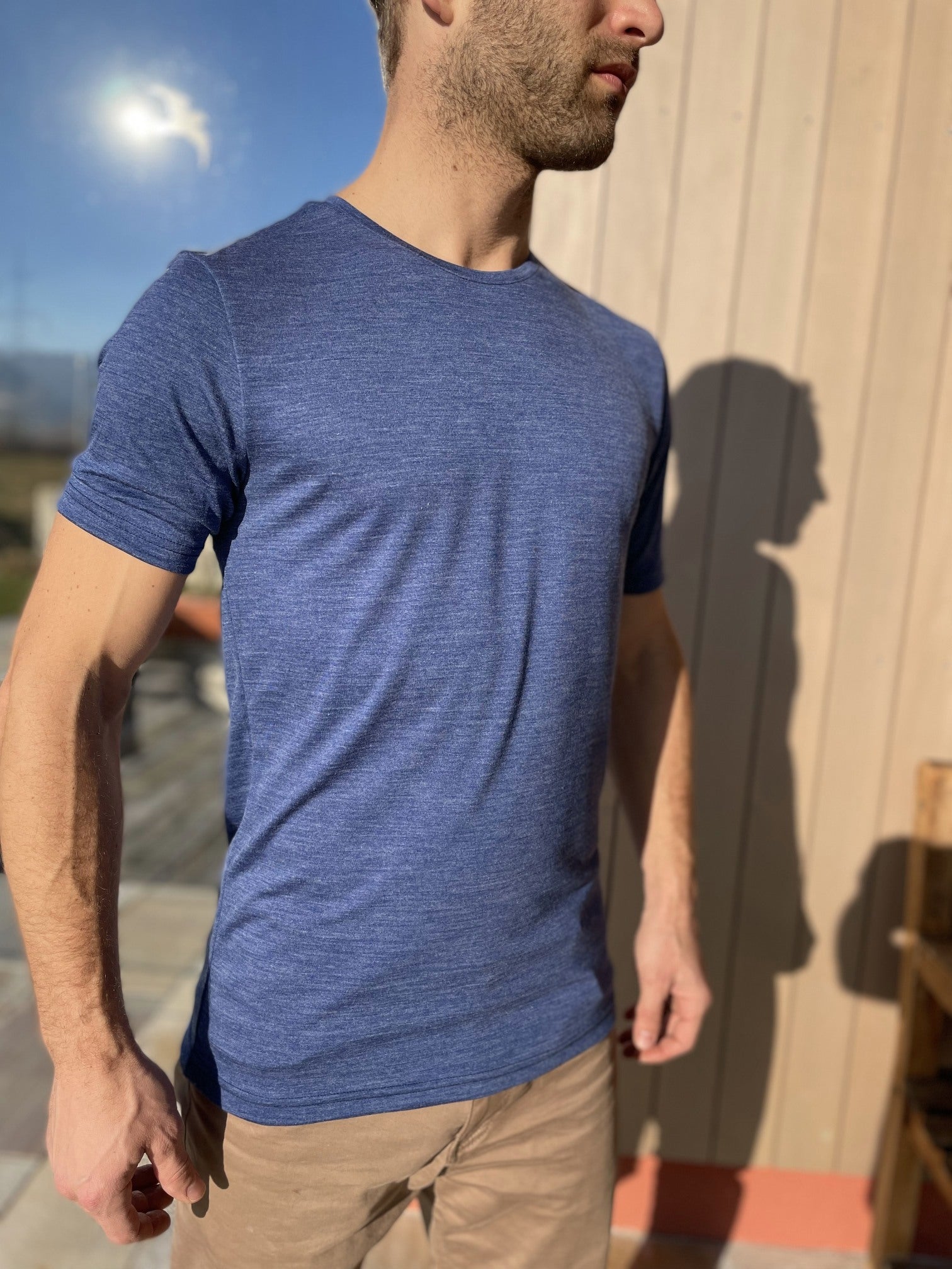 T-Shirt Herren royal blau, Merinowolle & Seide - Glückskind - T-Shirt - L